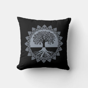 Grey Celtic Tree of Life on Black Throw Pillow