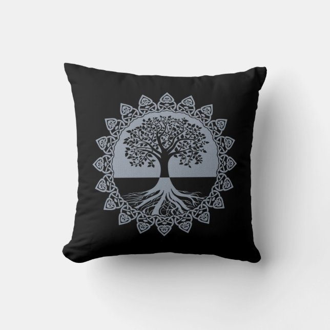 Grey Celtic Tree of Life on Black Throw Pillow (Front)