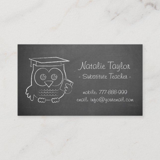 Grey Chalkboard Cute Owl Doodle Substitute Teacher Business Card (Front)