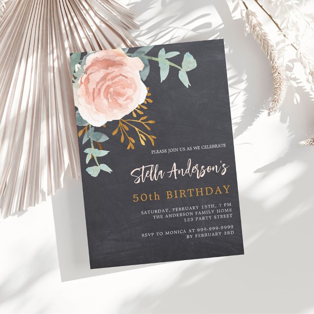 Grey chalkboard ose gold floral greenery birthday invitation (Creator Uploaded)