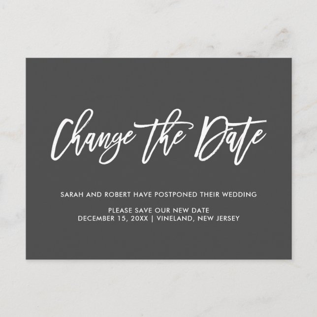 Grey Change the date Postponed Cancelled wedding Announcement Postcard (Front)