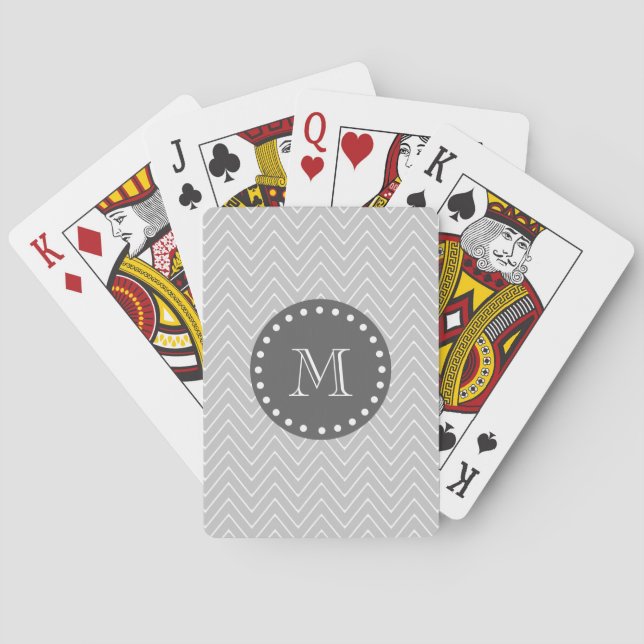 Grey & Charcoal Modern Chevron Custom Monogram Playing Cards (Back)