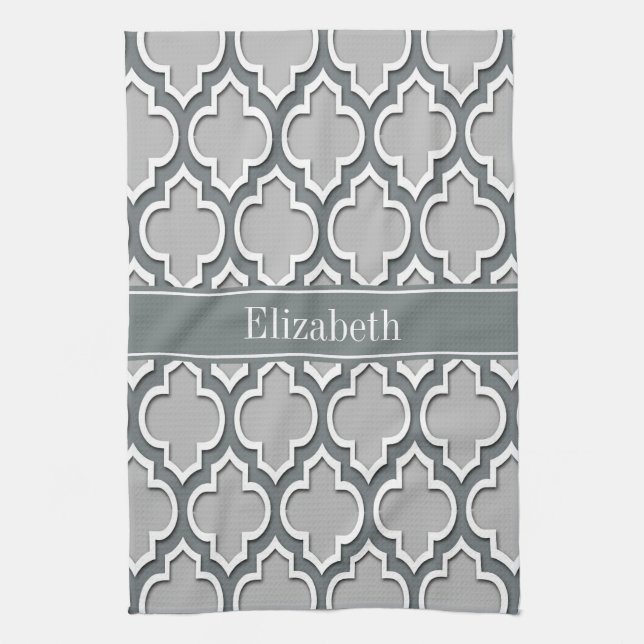 Grey Charcoal Moroccan #5DS Charcoal Name Monogram Tea Towel (Vertical)