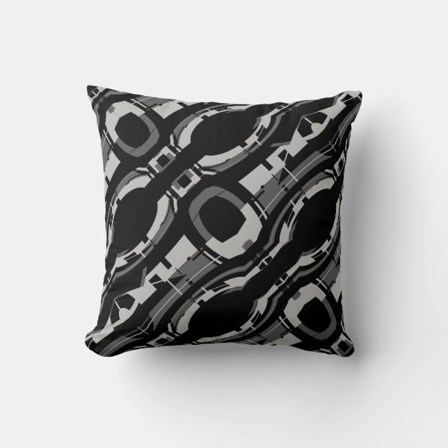 Grey Charcoal on Black Diagonal Circles Abstract Cushion (Front)
