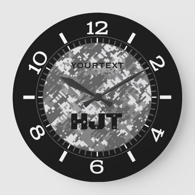 Grey Charcoal Urban Digital Camouflage Personalise Large Clock (Front)