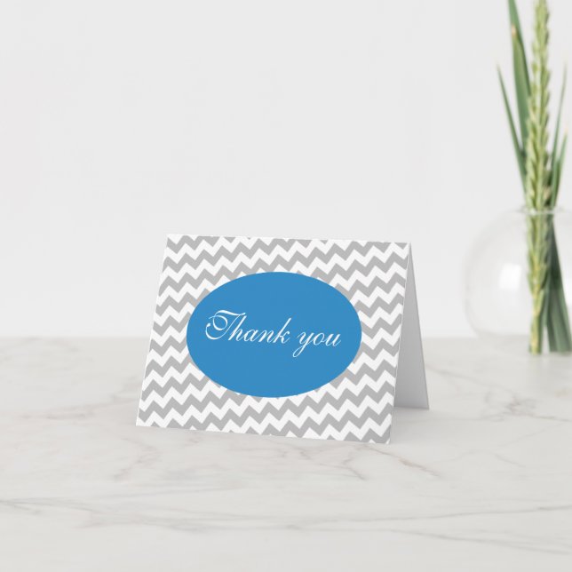 Grey Chevron and Blue Modern Thank You Card (Front)