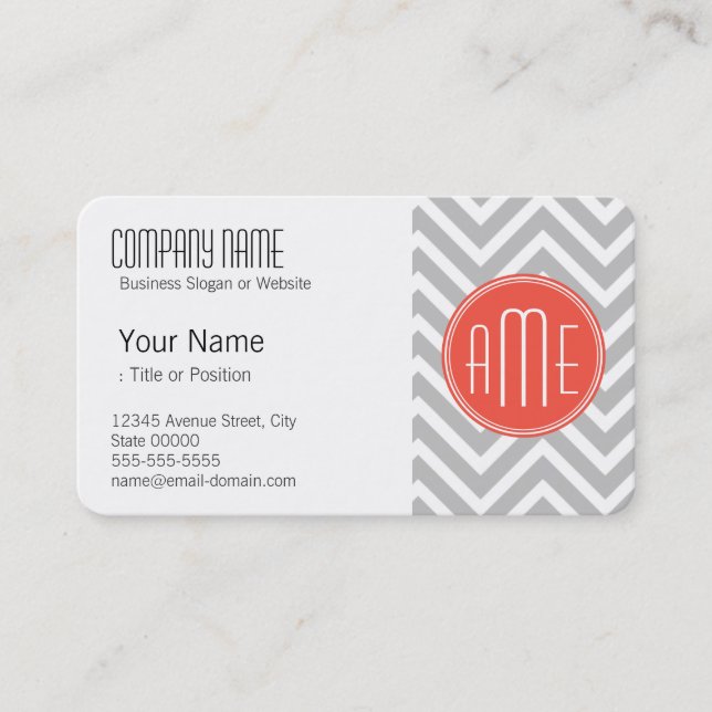 Grey Chevron and Coral Custom Monogram Business Card (Front)