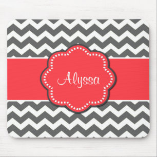 Grey Chevron and Coral Personalised Mousepad