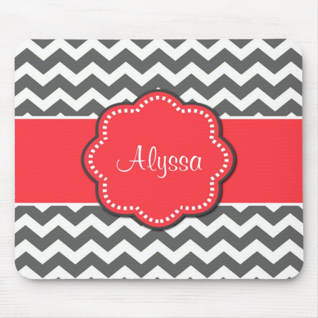 Grey Chevron and Coral Personalised Mousepad (Front)
