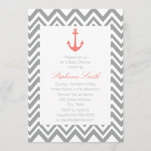Grey Chevron and Coral Pink Nautical Baby Shower Invitation