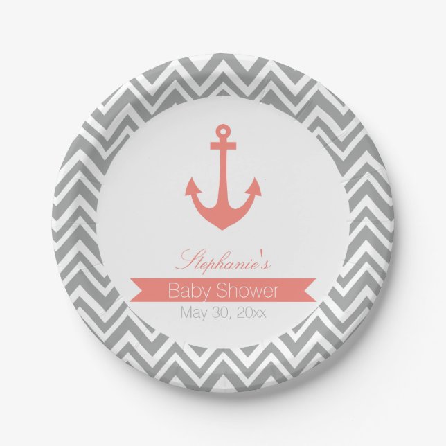 Grey Chevron and Coral Pink Nautical Baby Shower Paper Plate (Front)