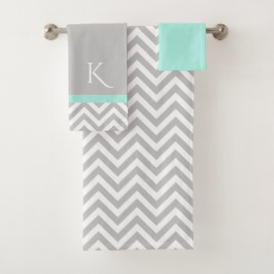 Grey Chevron and Mint Green Bath Towel Set