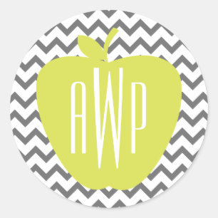 Grey Chevron And Neon Apple Monogram Teacher Classic Round Sticker