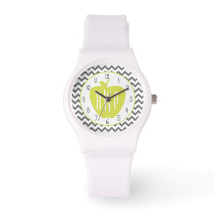 Grey Chevron And Neon Apple Monogram Teacher Watch