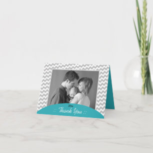 Grey Chevron and Turquoise Photo Thank You Cards