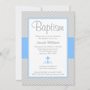Grey Chevron Blue Cross Boy Baptism Christening Invitation