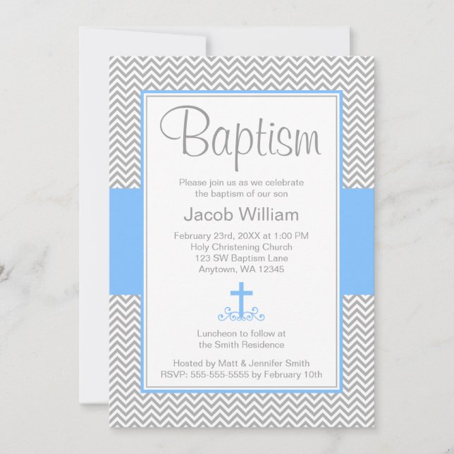 Grey Chevron Blue Cross Boy Baptism Christening Invitation (Front)