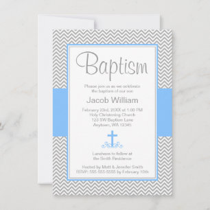 Grey Chevron Blue Cross Boy Baptism Christening Invitation
