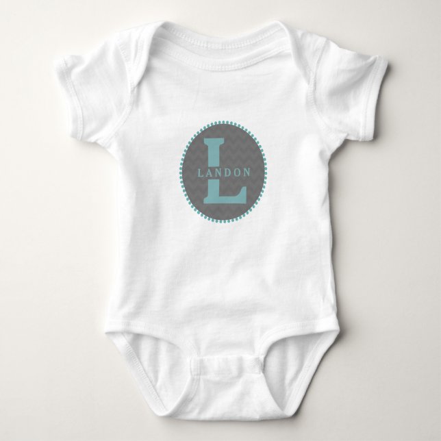 Grey Chevron + Blue Monogram Romper Baby Bodysuit (Front)