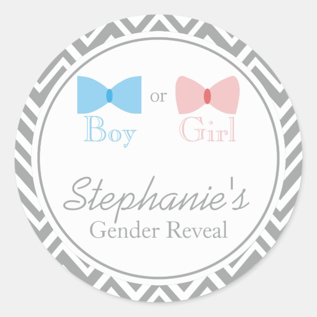 Grey Chevron Gender Reveal Bow and Bow Tie Classic Round Sticker (Front)