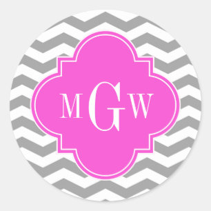 Grey Chevron Hot Pink Quatrefoil 3 Monogram Tn Classic Round Sticker