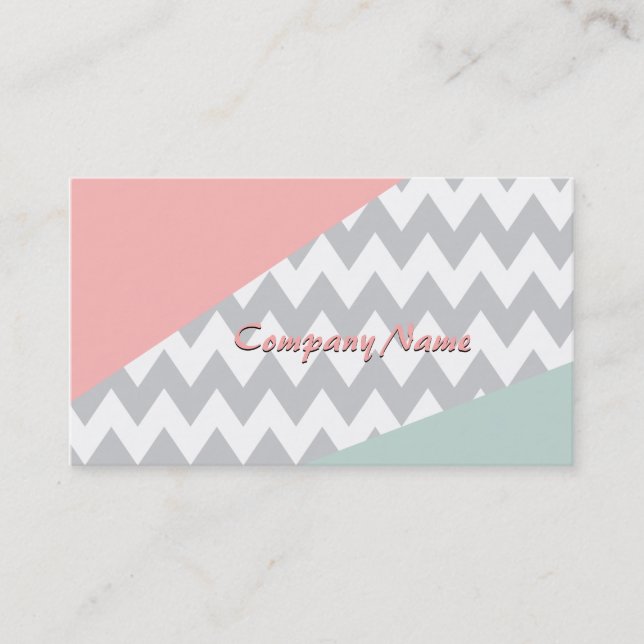 Grey Chevron  Mint and Coral Business Card (Front)