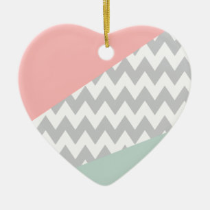 Grey Chevron  Mint and Coral Ceramic Ornament