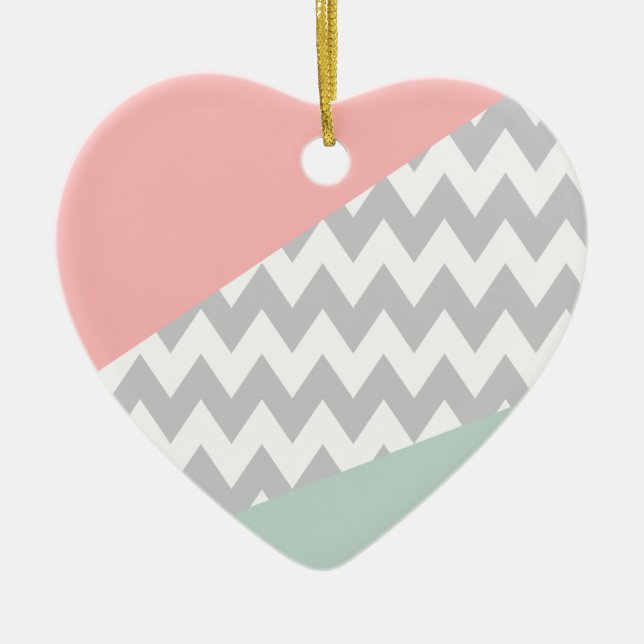 Grey Chevron  Mint and Coral Ceramic Ornament (Front)