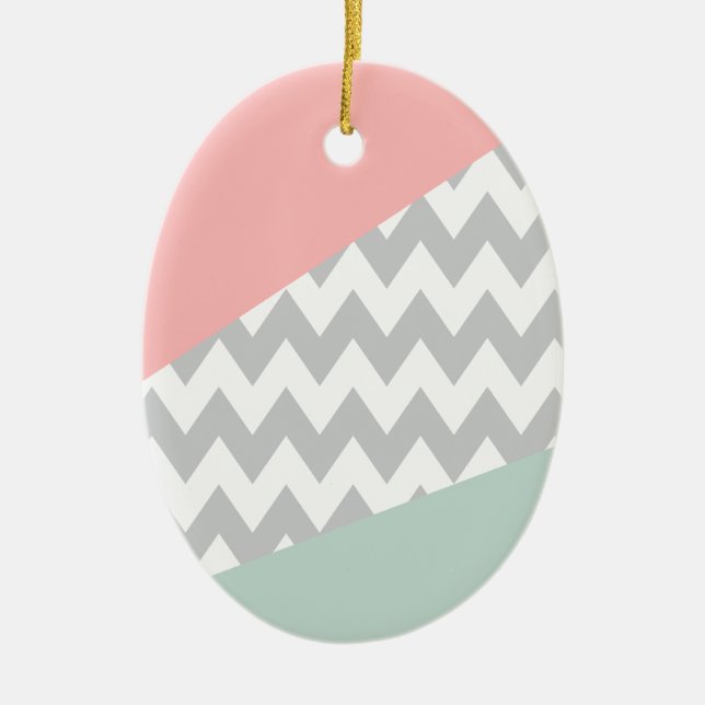 Grey Chevron  Mint and Coral Ceramic Tree Decoration (Front)