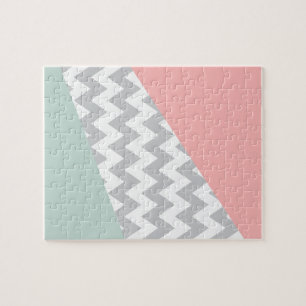 Grey Chevron  Mint and Coral Jigsaw Puzzle
