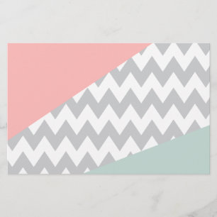 Grey Chevron  Mint and Coral Stationery