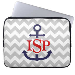 Grey Chevron Monogram Anchor Laptop Sleeve