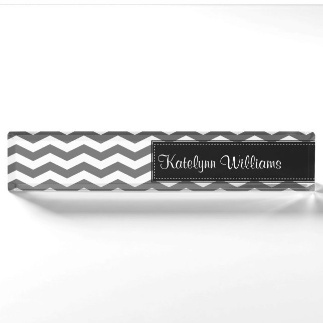 Grey Chevron Monogram Desk Name Plate (Front)