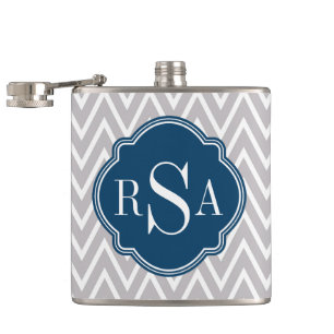 Grey Chevron Navy Monogram Initial Letter Hip Flask