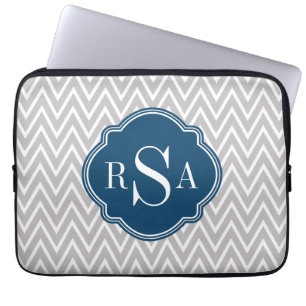 Grey Chevron Navy Monogram Initial Letter Laptop Sleeve