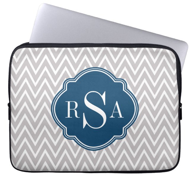 Grey Chevron Navy Monogram Initial Letter Laptop Sleeve (Front)