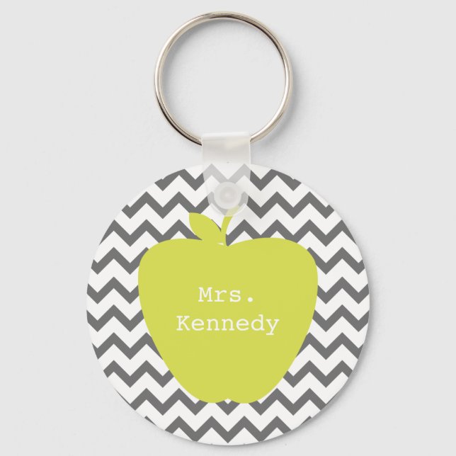 Grey Chevron Neon Apple Teacher Key Ring (Front)