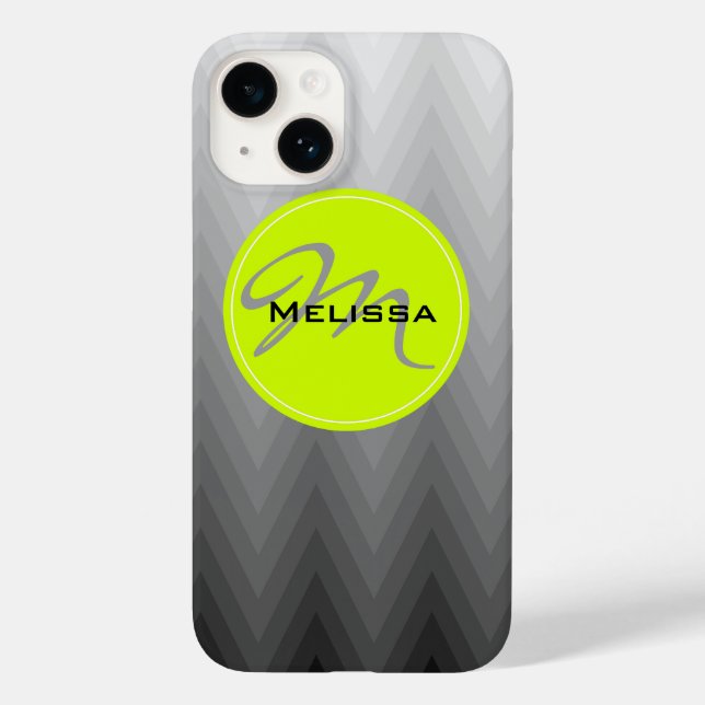 Grey chevron ombre pattern Green Monogram Name Case-Mate iPhone Case (Back)