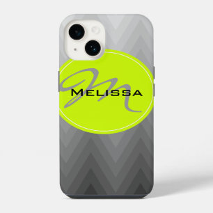 Grey chevron ombre pattern Green Monogram Name iPhone Case