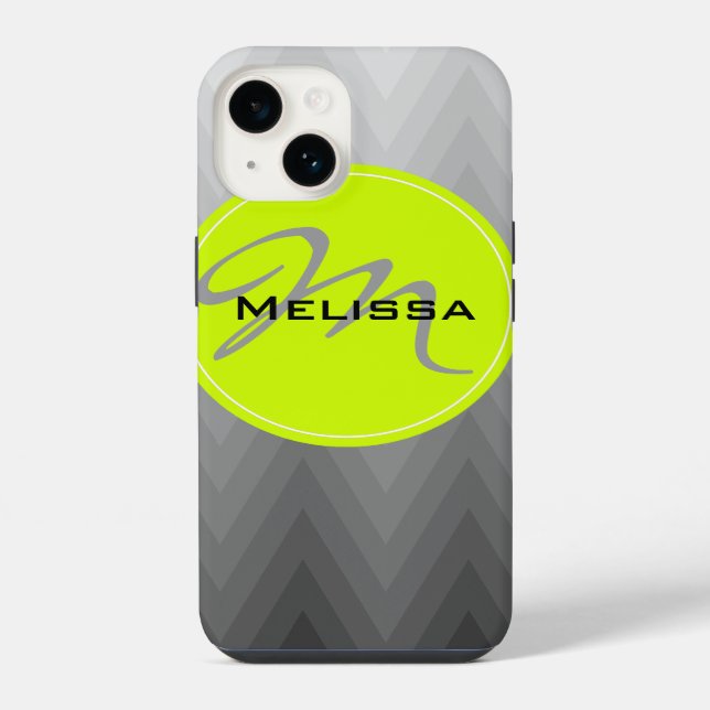 Grey chevron ombre pattern Green Monogram Name iPhone Case (Back)