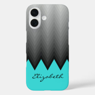 Grey chevron ombre pattern turquoise Custom name iPhone 16 Case