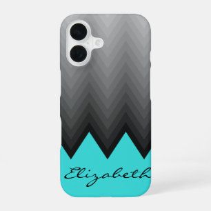 Grey chevron ombre pattern turquoise Custom name iPhone 16 Case