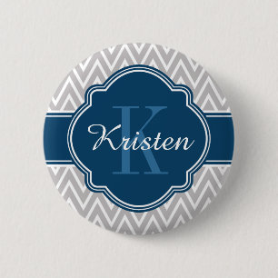 Grey Chevron Pattern Blue Monogram 6 Cm Round Badge