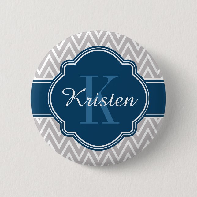 Grey Chevron Pattern Blue Monogram 6 Cm Round Badge (Front)