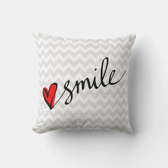 Grey Chevron Pattern Smile Cute Red Heart Cushion (Front)