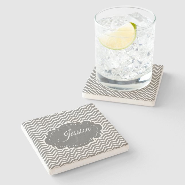 Grey Chevron Personalised Stone Coaster (Side)