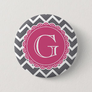 Grey Chevron Pink Monogram 6 Cm Round Badge