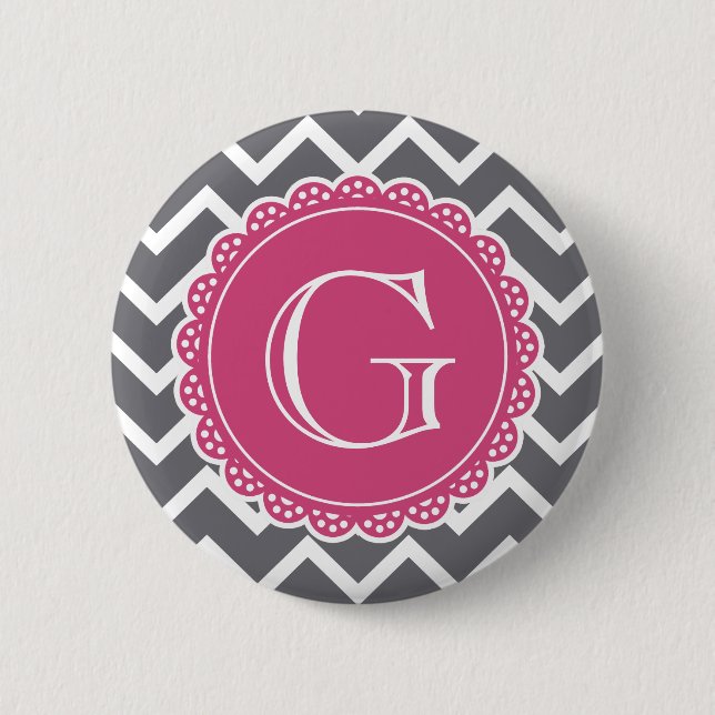 Grey Chevron Pink Monogram 6 Cm Round Badge (Front)