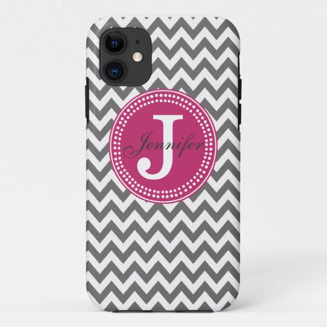 Grey Chevron & Pink Monogram iPhone Case (Back)