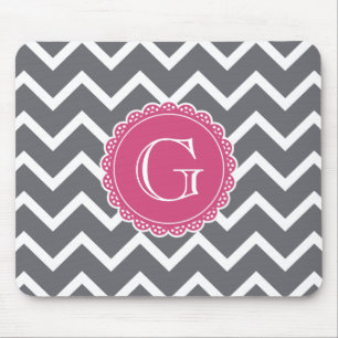 Grey Chevron Pink Monogram Mouse Pad